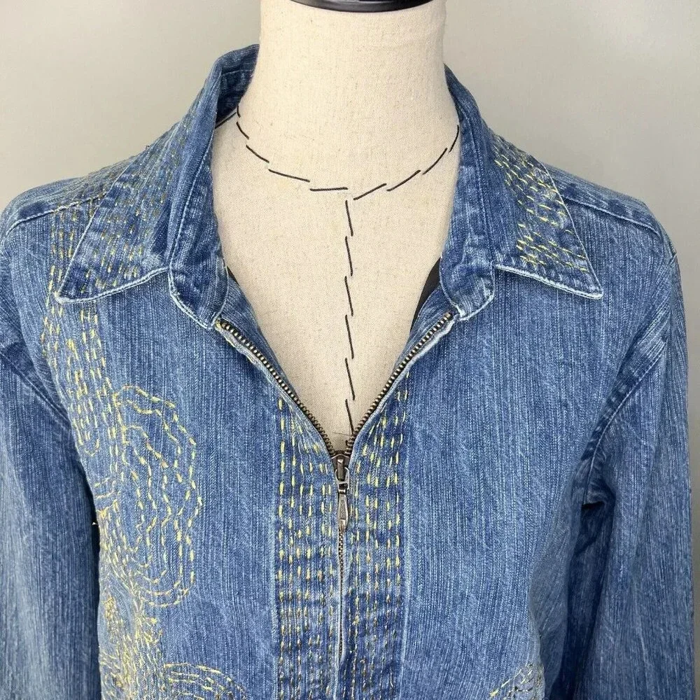 Chicos Denim Jacket Embroidered Gold Paisley Vintage Sz M 90s